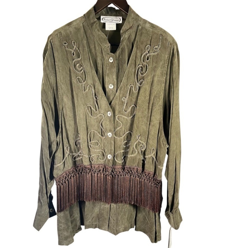 Saint Germain Paris Suede Fringe Western‎ Shirt Jacket Olive XL Saks Fifth Ave
